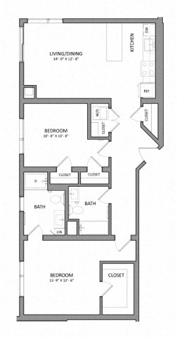 Floor plan for 2 beds, 2 baths, 1005 sqft